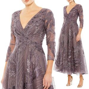 Mac Duggal Size 12 Purple Embellished 3/4 Long Sleeve V-Neck Midi Tea Dress Gown